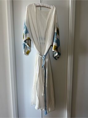 Boutique Ibiza Style Cotton Kaftan Dress White Ikat Sleeve Midi Maxi